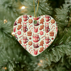 Cozy Christmas Cocoa and Gingerbread Pattern Ceramic Tree Decoration