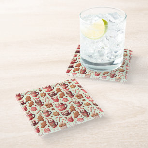 Cozy Christmas Cocoa and Gingerbread Pattern Glass Coaster