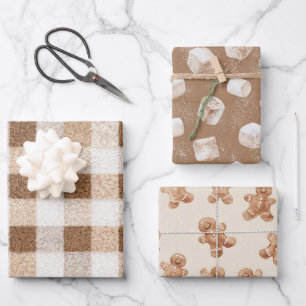 Cozy Christmas Cocoa Plaid Marshmallow Gingerbread Wrapping Paper Sheet