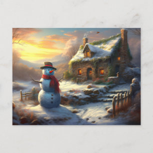 Cozy Christmas Cottage & Snowman   Vintage Winter  Invitation Postcard