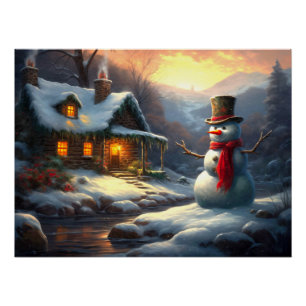 Cozy Christmas Cottage & Snowman Vintage Winter Poster
