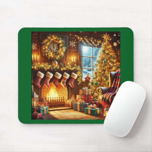 Cozy Christmas Fireplace Mouse Pad (With Mouse)