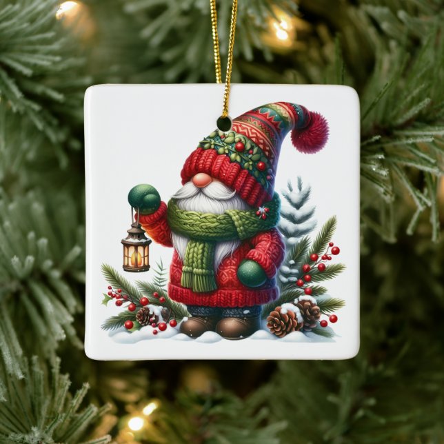 Cozy Christmas Gnome Art – Festive Holiday Ceramic Ornament (Tree)