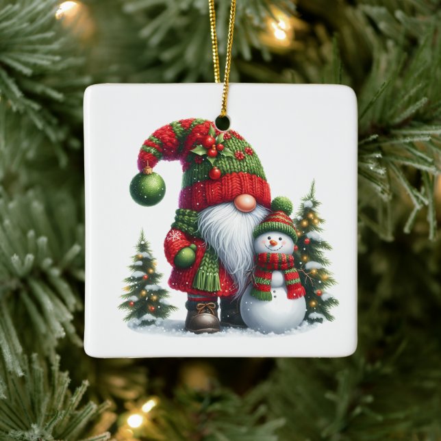 Cozy Christmas Gnome Art – Festive Holiday Ceramic Ornament (Tree)