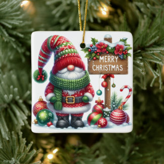 Cozy Christmas Gnome Art – Festive Holiday Ceramic Ornament