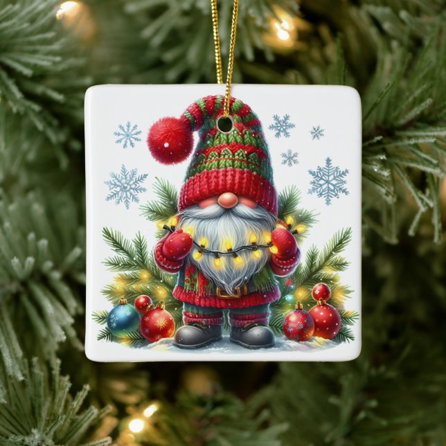Cozy Christmas Gnome Art – Festive Holiday Ceramic Ornament (Tree)