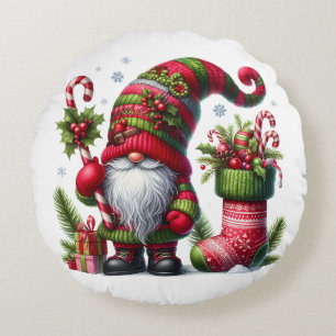 Cozy Christmas Gnome Art – Festive Holiday Round Cushion