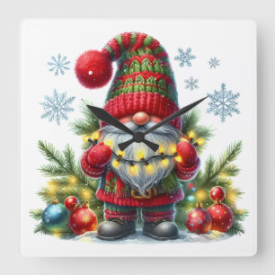 Cozy Christmas Gnome Art – Festive Holiday Square Wall Clock