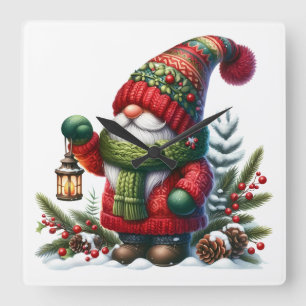 Cozy Christmas Gnome Art – Festive Holiday Square Wall Clock