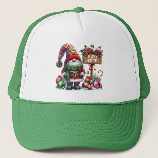 Cozy Christmas Gnome Art – Festive Holiday Trucker Hat (Front)