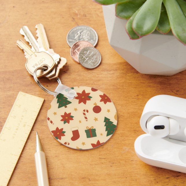 Cozy Christmas Pattern with Gifts and Trees Key Ring (Desk)