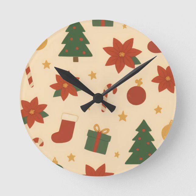 Cozy Christmas Pattern with Gifts and Trees Round Clock (Front)