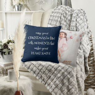 Cozy Christmas Quote Photo Navy Blue Cushion