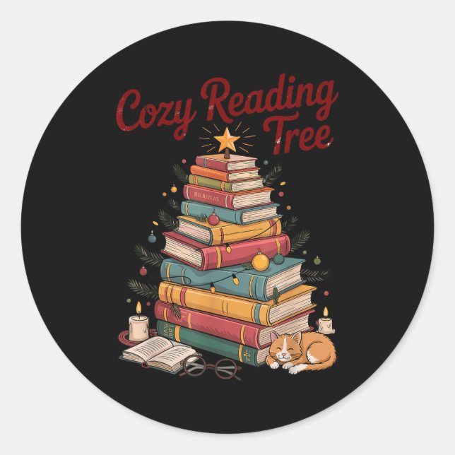 Cozy Christmas Reading Tree Cat Candle Stack Booki Classic Round Sticker (Front)