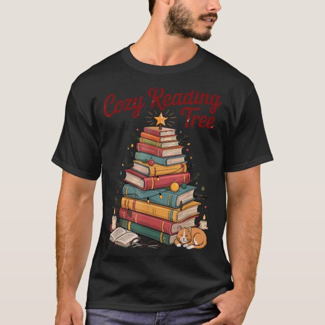 Cozy Christmas Reading Tree Cat Candle Stack Booki T-Shirt (Front)