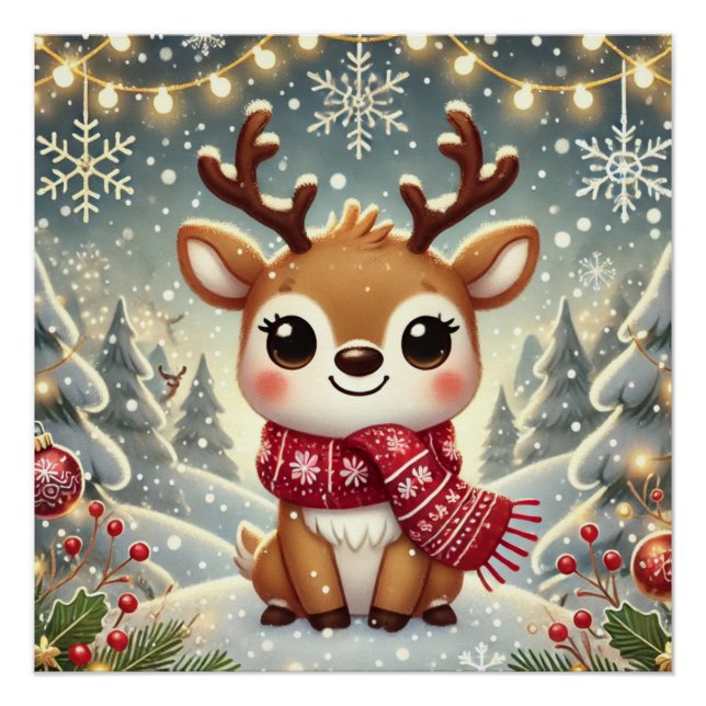 Cozy Christmas Reindeer in a Winter Wonderland Poster (Front)