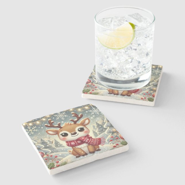 Cozy Christmas Reindeer in a Winter Wonderland Stone Coaster (Side)