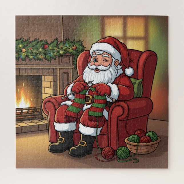 Cozy Christmas Santa Knitting by the Fireplace Jigsaw Puzzle (Vertical)