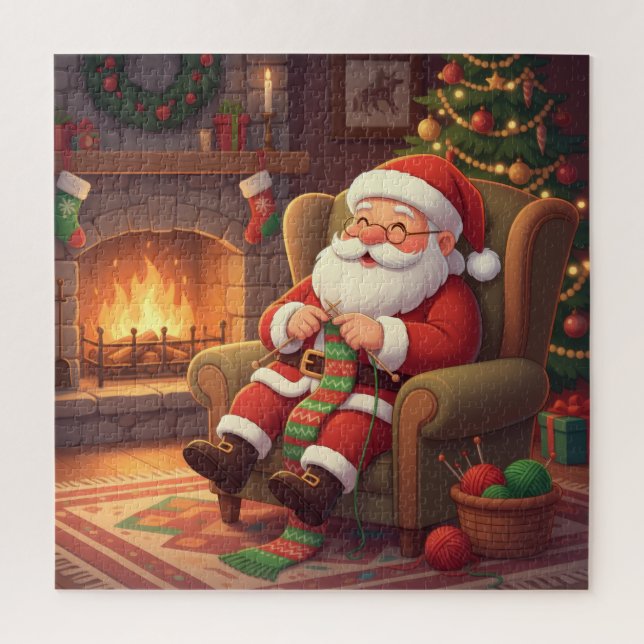Cozy Christmas Santa Knitting by the Fireplace Jigsaw Puzzle (Vertical)