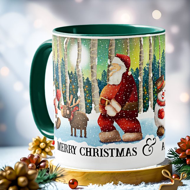 Cozy Christmas Santa Mug (Christmas mug featuring an illustration of Santa in the forest with friends reindeer and Snow Man)