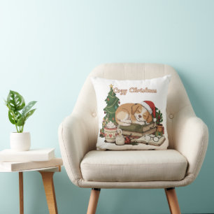 Cozy Christmas Sleeping Puppy & Books Vintage  Cushion