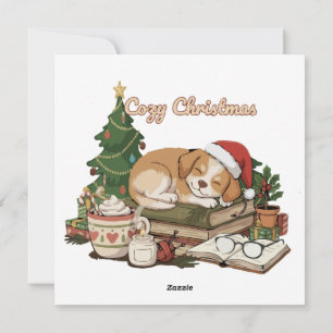 Cozy Christmas Sleeping Puppy & Books Vintage  Holiday Card