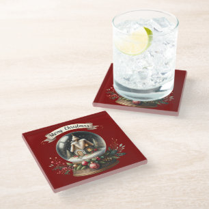 Cozy Christmas Snow Globe Cottage Scene Glass Coaster