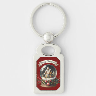 Cozy Christmas Snow Globe Cottage Scene Key Ring