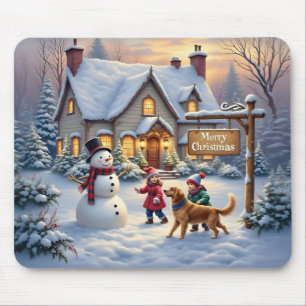 Cozy Christmas Snow Scene Art Mouse Mat
