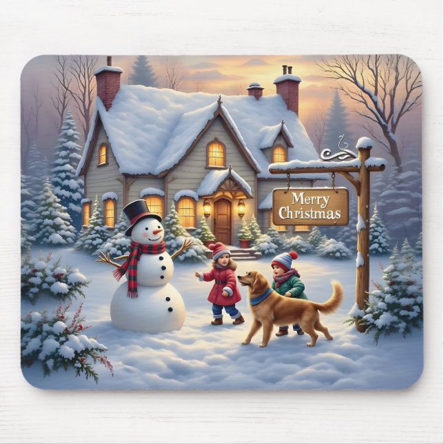 Cozy Christmas Snow Scene Art Mouse Mat (Front)