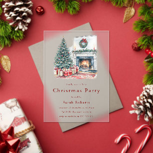 Cozy Christmas Tree & Fireplace Christmas Party  Acrylic Invitations