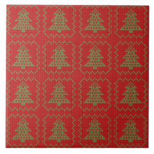 Cozy Christmas tree ugly sweater checkered pattern Tile