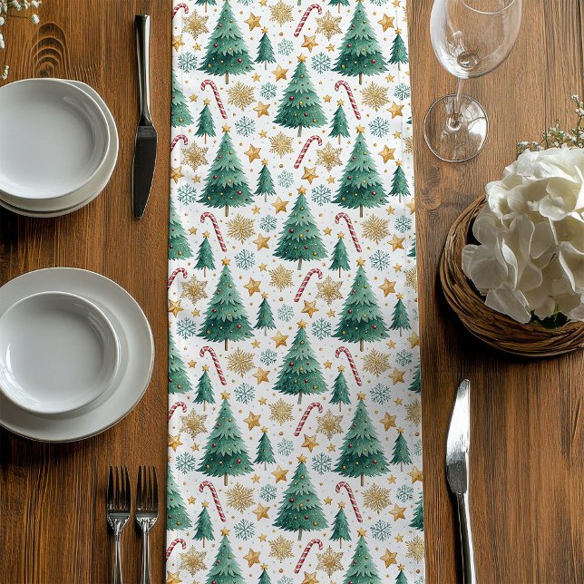 Cozy Christmas Trees Red Green Gold Table Runner (Cozy Christmas Trees Red Green Gold Table Runner)