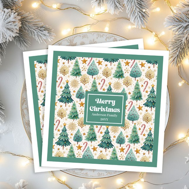 Cozy Christmas Trees Rustic Red Green Gold Napkins (Cozy Christmas Trees Rustic Red Green Gold Napkins)
