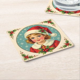 Cozy Christmas Victorian Cute Girl Square Paper Coaster