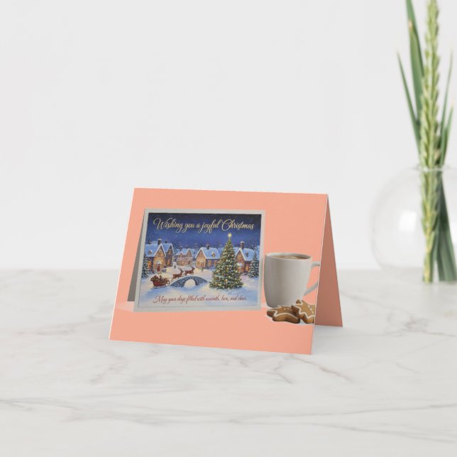 Cozy Christmas Village Card with Hot Cocoa (Front)
