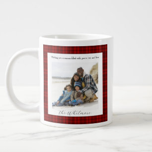 Cozy Christmas Vintage Red Plaid Monogram 2 Photo Large Coffee Mug