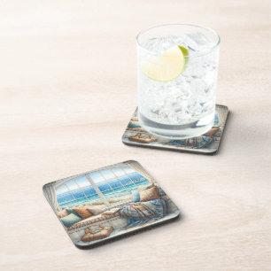 Cozy Coastal Window Seat Cottagecore Coaster