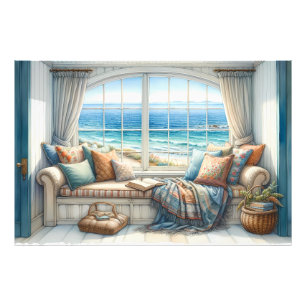 Cozy Coastal Window Seat Cottagecore Photo Print