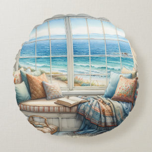 Cozy Coastal Window Seat Cottagecore Round Cushion