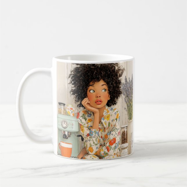 Cozy Coffee Morning Girl Mug – AI Art (Left)