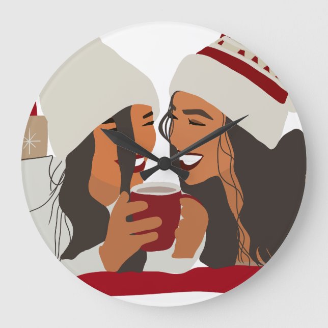 Cozy Conversations  Christmas Holiday Illustration Large Clock (Front)