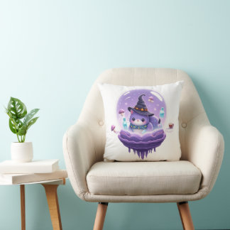 Cozy Cosmic Witch Cat Galaxy Throw Pillow
