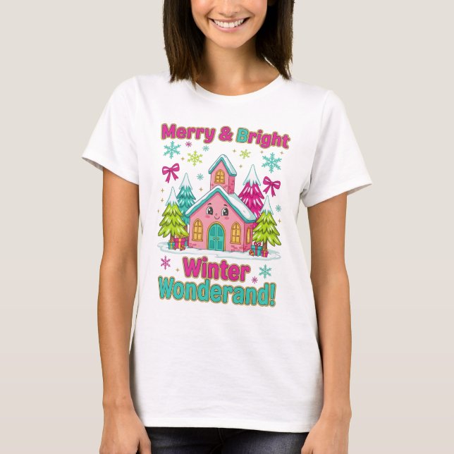 "Cozy Cottage Christmas Scene" T-Shirt (Front)
