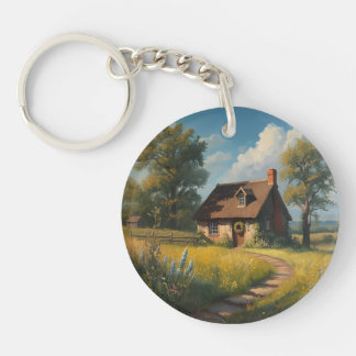 Cozy Country Cottage Oil Painting - Floral Meadow Key Ring