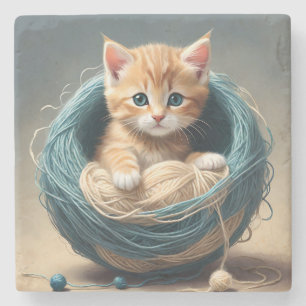 "Cozy Cuddles: The Kitten's Wooly Retreat" Stone Coaster