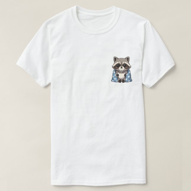 Cozy Cute Raccoon Wrapped in Polka Dot Blanket T-Shirt (Design Front)
