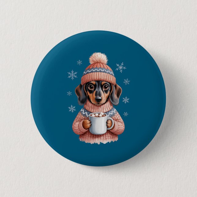 Cozy Dachshund Dog With Hot Cocoa Holiday Winter S 6 Cm Round Badge (Front)