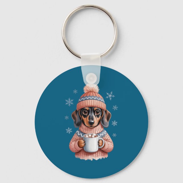 Cozy Dachshund Dog With Hot Cocoa Holiday Winter S Key Ring (Front)