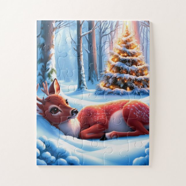 Cozy deer nestled by Christmas tree in forest Jigsaw Puzzle (Vertical)